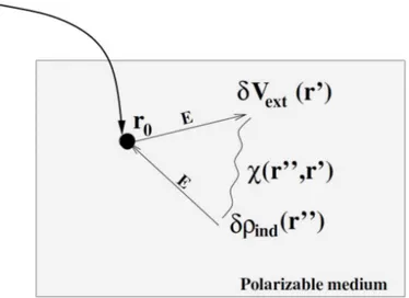 Figure 1.3: Polarization of a bulk system. An external charge placed in r 0