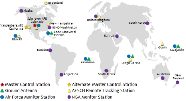 Figura 2-3 Distribuzione geografica dei centri di controllo a terra per il GPS 
