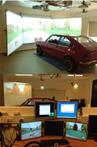 Figura 4.2 Simulatore di guida (alto) e postazione di controllo (basso) installati  all'interno dei laboratori CRISS presso l’università di Roma Tre 