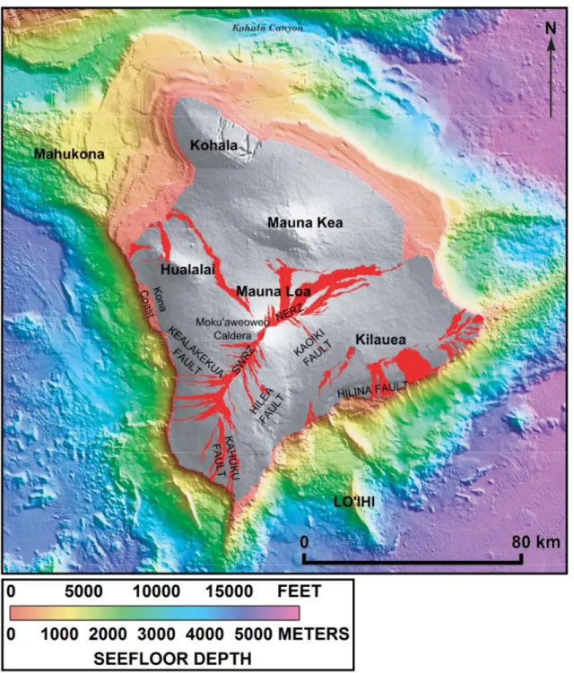 Fig.  2.2  –  Map  of  the  Island  of  Hawai‘i  and  surrounding  ocean  floor.  Labels  show  the  location  of  volcanoes, rift zones and fault zones while the red areas show the historical lava flows in the last 200  yr (after Eakins et al., 2003)