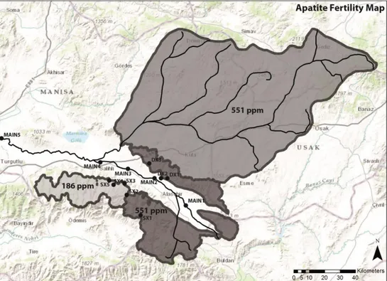 Figure 6: Apatite fertility map of the study area. Apatite fertility is expressed in ppm