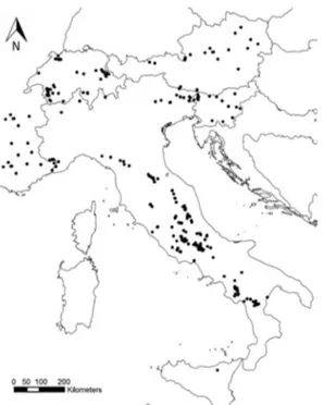Figure 6. Distribution pattern of Rosalia alpina in Italy, presence records  (black dots) (Bosso et al