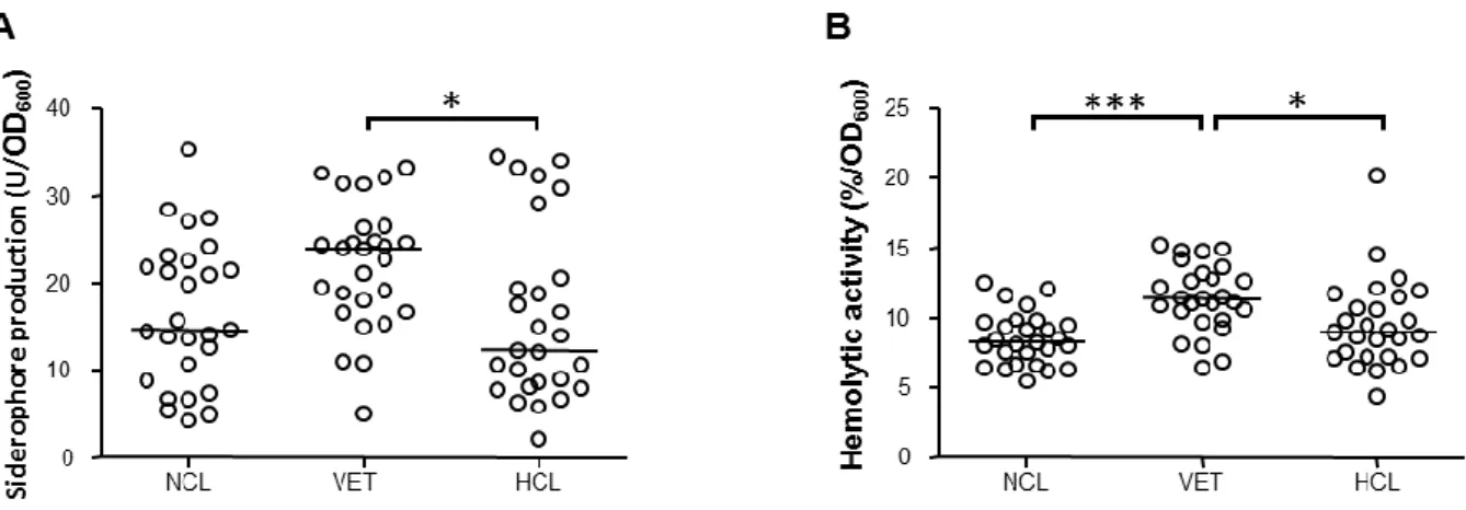 Figure 4. Siderophore production (A) and hemolytic activity  on horse erythrocytes (B)  in  culture  supernatants  of  non-clinical  (NCL),  veterinary  (VET)  or  human  clinical  (HCL) A