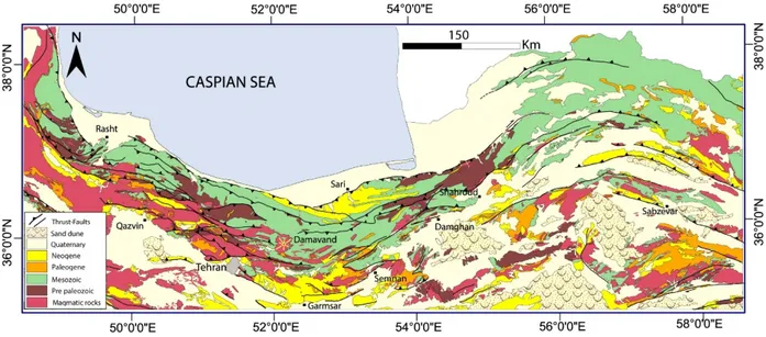 Fig. 3. Generalized geological-structural map of the Alborz. Geological unites modified from geological maps of Iran published by Geological Survey of Iran, and the faults modified from Tectonic Map of Iran