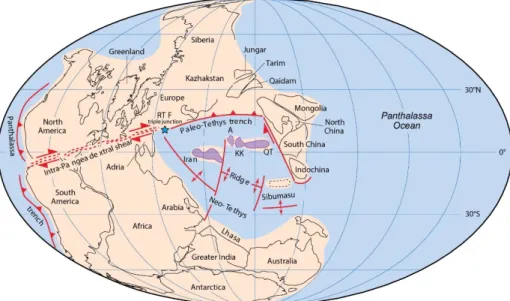 Fig. 4. Paleogeographic reconstruction of Pangea A for the Late Permian – Early Triassic based on paleomagnetic poles modified from Muttoni et al, (2009a)