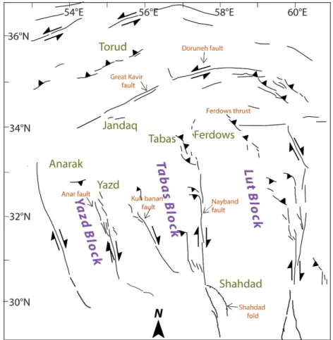 Fig. 8. Schematic fault map of central. The major tectonic domains and the study areas are shown.