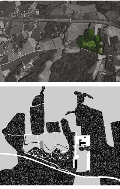Foto aerea del paesaggio di  Kalkriese ed individuazione  dell’area del parco archeologico.