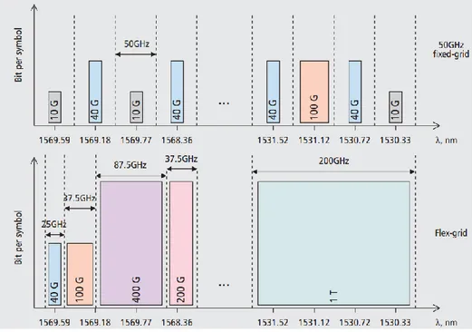 Figure 1-3: Spectrum utilization for fixed and flexi grid [7]. 