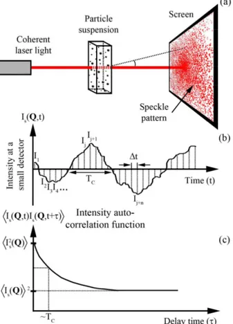 Figure 2.2: (a) Coherent (laser) light scattered by a random medium such as a suspension of colloidal particles gives rise to a random diraction pattern, or speckle, in the far eld