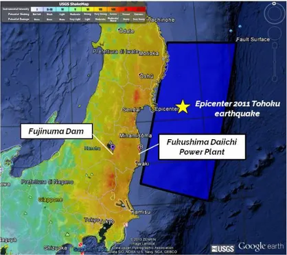 Fig. 2.3 Map of Fujinuma Dam, Fukushima Nuclear Power Plant and the epicenter  of the earthquake with MCS intensities (modified from USGS, 2016) 