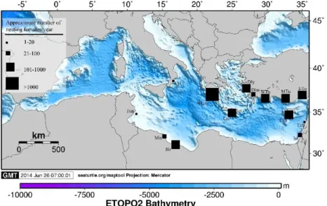 Figure  1.3.  Regular  nesting  areas  of  Loggerhead  turtles  in  the  Eastern  Mediterranean Sea 