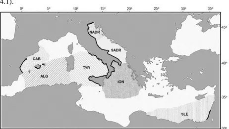 Figure  4.1. Mediterranean foraging grounds for loggerhead turtles sampled  in  this  study:  CAB  (the  Catalonian-Balearic  basin),  ALG  (the  Algerian  basin),  TYR  (the  Tyrrhenian  basin),  NADR  (the  northern  Adriatic  Sea),  SADR (the southern A