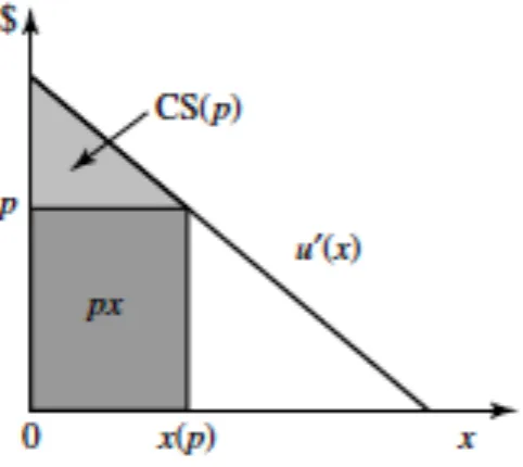 Figura	
  7	
  -­‐	
  Curva	
  della	
  domanda	
  relativa	
  al	
  caso	
  singolo	
  cliente,	
  singolo	
  servizio.	
  La	
  derivata	
  di	
  u(x),	
  rappresentata	
   da	
  u'(x),	
  ha	
  pendenza	
  negativa,	
  e	
  per	
  semplicità	
  in	
  fi