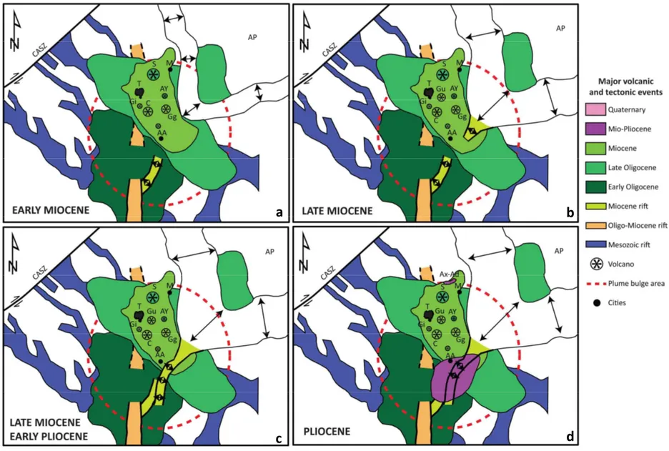 Figure  9  - Paleogeographic  reconstruction  of  the  Ethiopian  Plateau  and  surrounding  areas  in  the  Early  Miocene  (a),  Late  Miocene  (b),  Late  Miocene  –  Early  Pliocene  (c),  and  Pliocene (d)