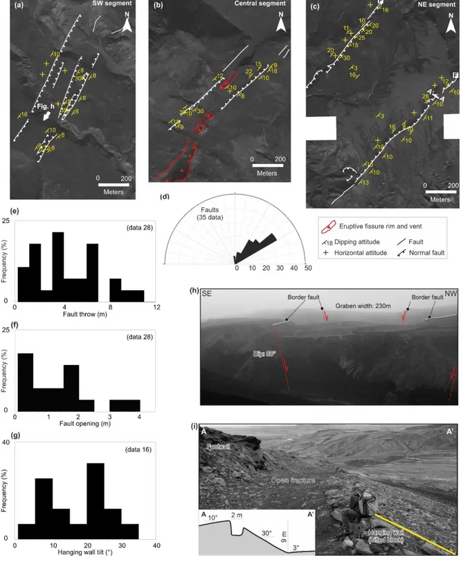 Fig. 4: (a, b, c) Structural maps of the investigated portions of the Eldgjá eruptive fissure,  Iceland