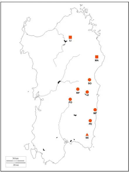 Figure  1.  Location  of  sampling  sites  in  Sardinia.  LI  =  Limbara,  MA  =  Monte  Albo,  SO  = 