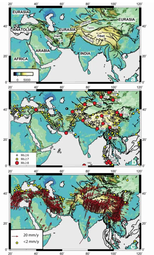 Figure 1.1 Topographic maps of Asia showing the (a) major fault system associated with orogenic belts and  intraplate deformation terrains, (b) the historic and instrumental seismicity and (c) the GPS velocity vectors  velocities in a frame of stabile Eura
