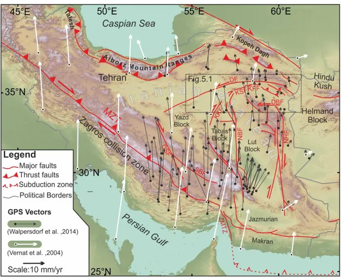 Figure  2.1  Simplified  tectonic  map  of  Iran,  showing  the  main  collisional  and  intraplate  strike–slip  fault  domains accommodating the Arabia-Eurasia convergence (modified after Berberian and King, 1981)