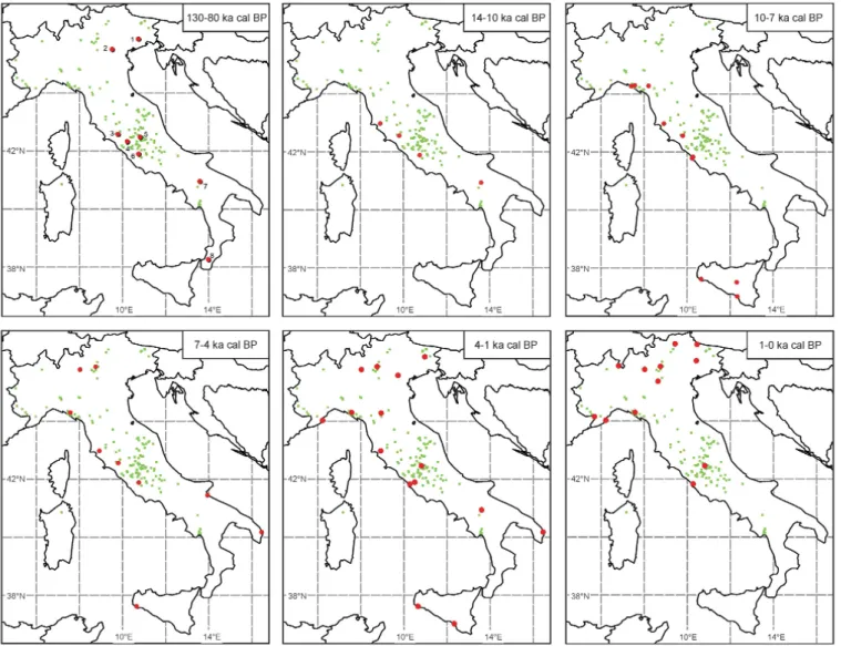 Fig. 2. Location of Italian sites where pollen of Buxus was found (red dots) in different time windows, compared to its modern distribution (green squares)