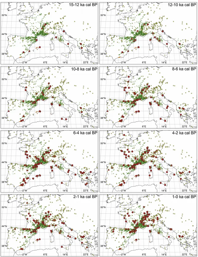 Fig. 2. Geographical distribution of the fossil records of Buxus in Europe during the last 15 ka cal BP: , Buxus pollen absent; , Buxus pollen present; , Buxus macrofossil