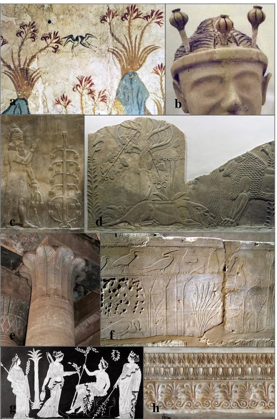 Fig 1 - Some examples of plant representations in ancient monuments in antique cultures