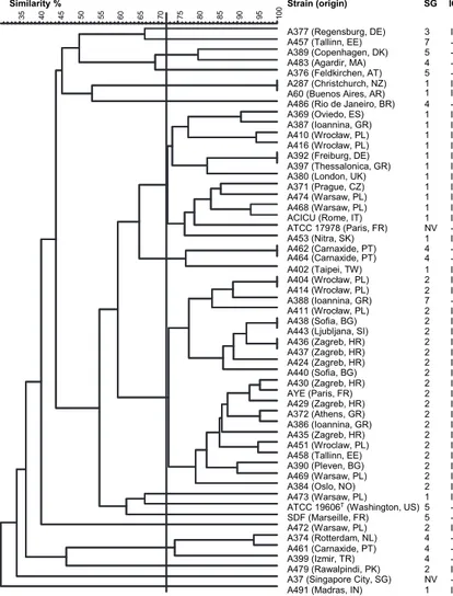 Fig. 1. Clustering relationships of the 50 clinical isolates, the type strain ATCC 19606 T and the four sequenced strains used in this study