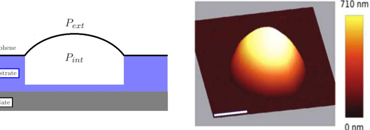 Figure 1.8: Left: Scheme of the methodology to induce strain in graphene using a pressure difference