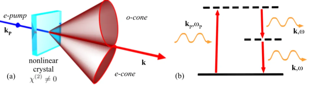 Figure 2.2: (a) Optical configuration for the noncollinear type-II parametric down- down-conversion source