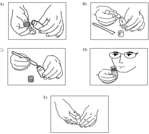 Figure 12: Directions for use of the disposable reaction vial in six steps: introduction of 1 ml or 1 g of sample (A), 