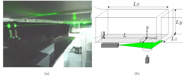 Figure 2.6: (a) Photograph taken from the exterior of the test setion showing, from left to right, the laser beam, a cylindrical and a spherical lens, the generated laser sheet, the cavity and the camera underneaths