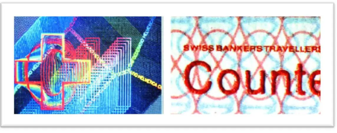 Figure 2.11 – Examples of a microprint in Kinegram ®  (left) and in intaglio print (right)