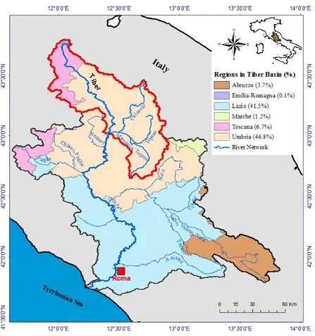 Figure 3.1. The Tiber River Basin and the regions it crosses in central Italy. The red 
