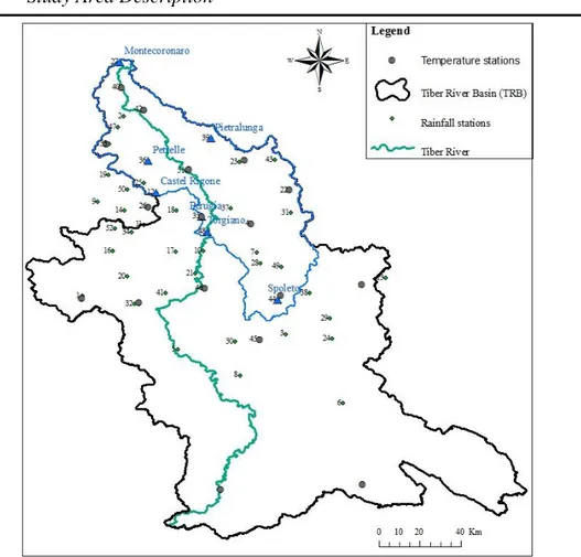 Figure 3.7: Location of rainfall and temperature gauging stations in TRB (the numbered 