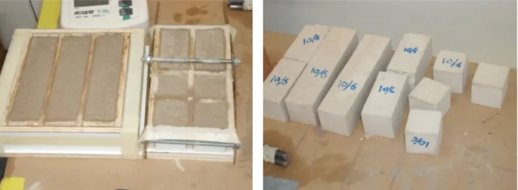 Figure 2.12. Cubic and prismatic mortar specimens before and after the  extraction from the formworks