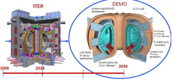 Figura 1.3: Reattori a fusione ITER e reattore dimostrativo (DEMO) che immetter` a potenza nella rete.