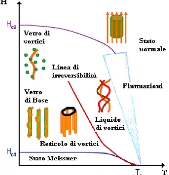 Figura 1.20: Diagramma di fase con la rappresentazione pittorica delle fasi di vortici.