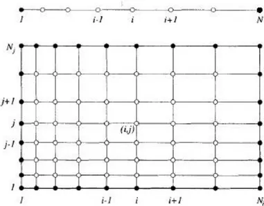 Figura  3.1-  Esempio  di  griglia  Cartesiana  1D  (sopra)  e  2D  (sotto)  per  metodi  FD