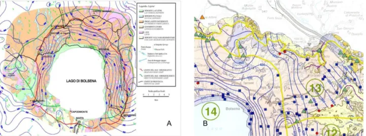 Figure 8 A) Hydrogeological map realized by Pagano et al. (2000); B) Hydrogeological map realized by Capelli et al