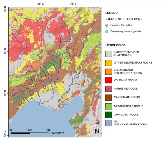 Figure 4. Sample site locations. Six sites were sampled from the conglomerates of the upper Messinian Handere  Formation (pink), and two were collected from two recent terraces (blue)