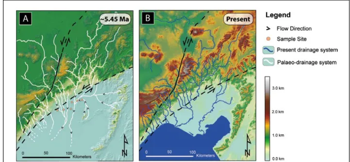 Figure 10.  Palaeo  (A) versus present (B) drainage systems. The traces of the Ecemiş and Kozan faults are shown in black