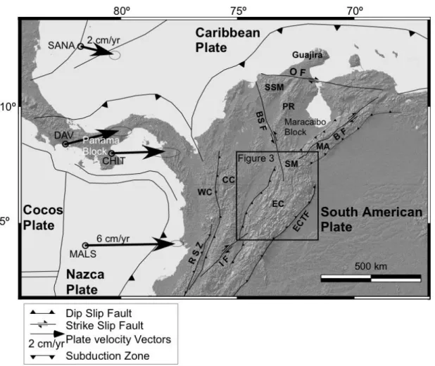 Figure 1. Major tectonic and structural features of the NW margin of South America. Plate velocity vectors  with  respect  to  stable  South  America  are  from  Trenkamp  et  al