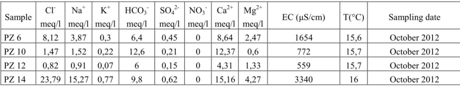 Table 2.1: Chemical analysis of the major elements expressed in meq/l, about October 2012 