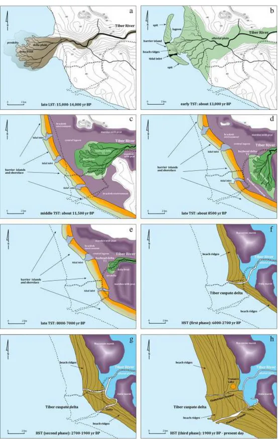 Fig. 3.4: evolution of the Tiber River Basin: depositional phases according to the sea-level changes (Milli et al