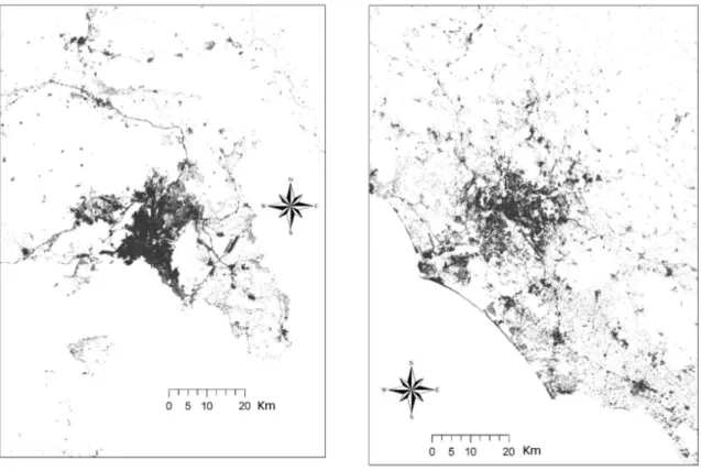 Figura 1. La morfologia urbana di Atene (sinistra) e Roma (destra) a confronto  