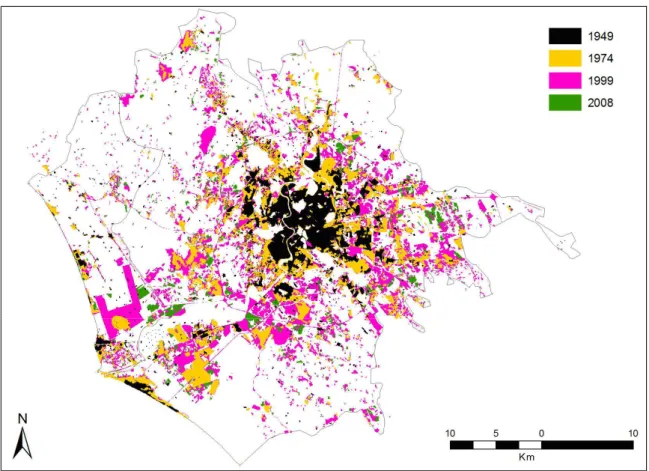 Figura 4. Mappa diacronica dell'espansione urbana nel comune di Roma (viene incluso anche il  comune di Fiumicino, costituito nel 1993)