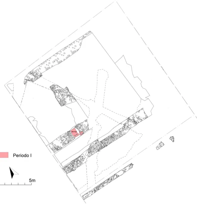 Fig. 2.1  Tempio ad alae, localizzazione delle strutture, campiti in rosa gli elementi pertinenti al Periodo I 