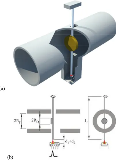 Fig. 3.4. (a) Schema del sensore di flusso in fibra ottica e (b) principali parametri costruttivi (non in  scala)