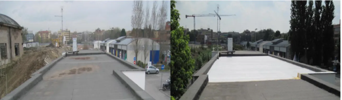 Figure 4.3: Roof before and after the application of the reflective membrane. 
