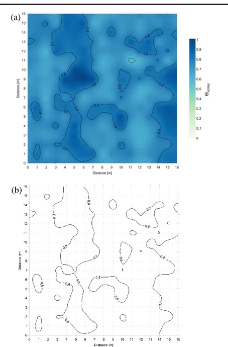 Figure 3.7: GPR-derived maps from the surface reflectivity method: (a) normalized  shallow soil dielectric moisture (θ NORM ) map overlaid with contour lines; (b) 