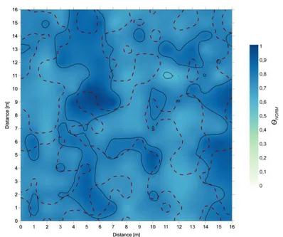 Figure 3.9: Normalized shallow soil dielectric moisture map overlaid with  iso-contour lines from the “surface reflectivity” (solid black lines) and the 